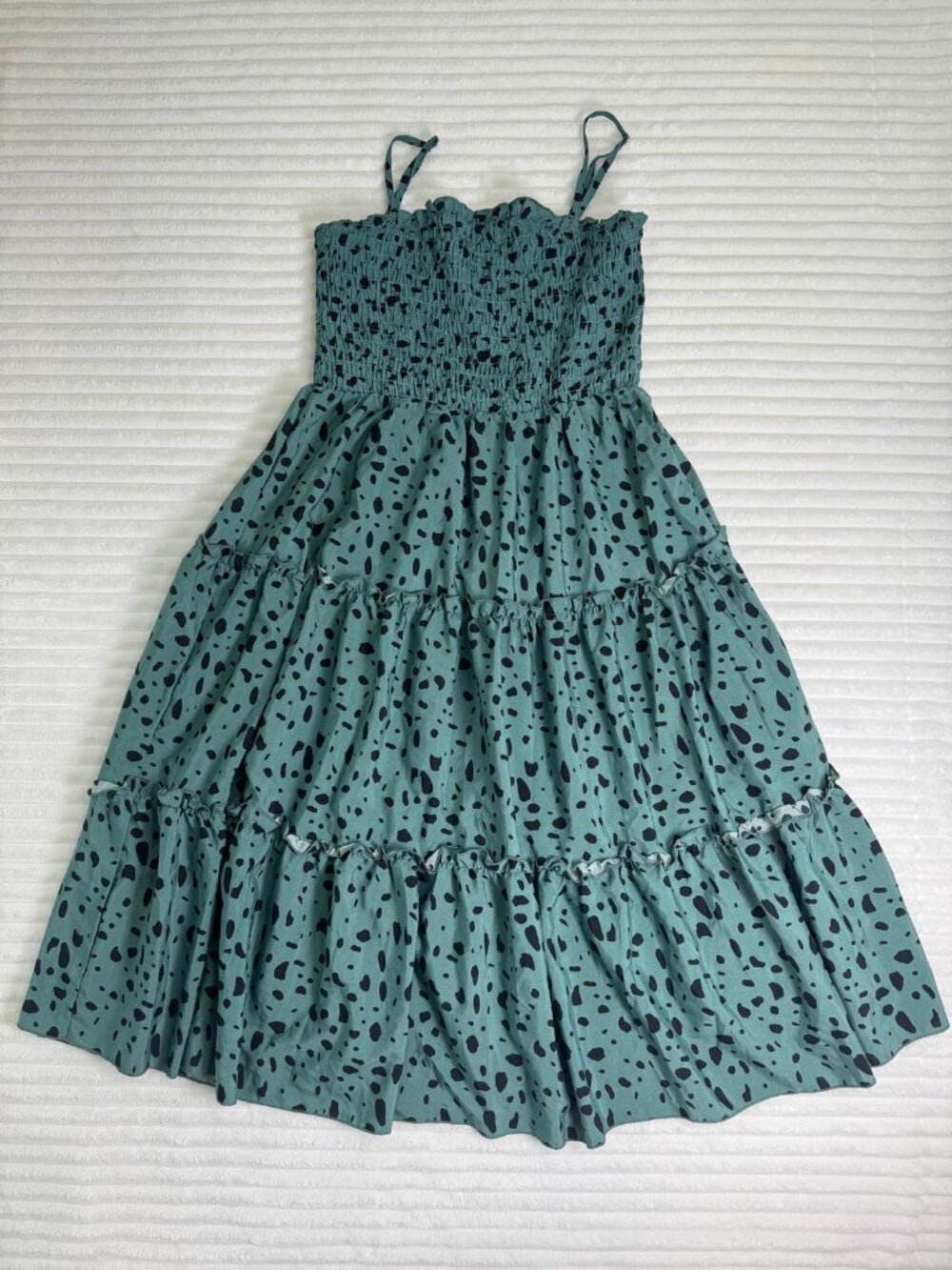 Boho Summer Dress Green Black Spot Print Midi Shirred Ruffle Dress Size Large
